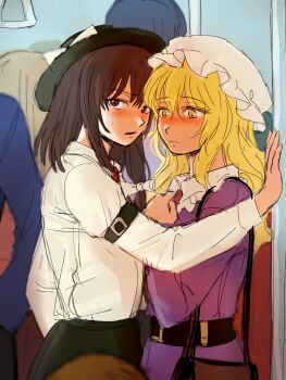 2girls 4others arm_belt asymmetrical_hair bag belt black_hat black_skirt blonde_hair blue_hair blue_shirt blush bow brown_bag brown_eyes brown_hair closed_mouth collared_dress commentary_request cowboy_shot dress embarrassed from_side grey_hair hair_bow hand_on_own_chest handbag hat hat_bow highres kabedon korean_commentary kuya_(hey36253625) light_frown long_hair long_sleeves looking_at_another looking_at_viewer maribel_hearn medium_hair mob_cap multiple_girls multiple_others necktie open_mouth purple_dress red_necktie shirt skirt standing subway sweatdrop touhou usami_renko white_bow white_hat white_shirt yellow_eyes yuri