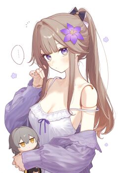 Rule 34 | ..., 1girl, ai-assisted, alternate costume, alternate hairstyle, blush, breasts, camisole, character doll, cleavage, closed mouth, collarbone, doll, doll joints, dot mouth, flower, hair flower, hair ornament, herta (puppet) (honkai: star rail), high ponytail, highres, holding, holding doll, honkai: star rail, honkai (series), joints, light brown hair, looking at viewer, medium breasts, poki (j0ch3fvj6nd), ponytail, purple eyes, purple flower, sidelocks, solo, spaghetti strap, spoken ellipsis, strap slip, trailblazer (honkai: star rail), upper body, white background, white camisole