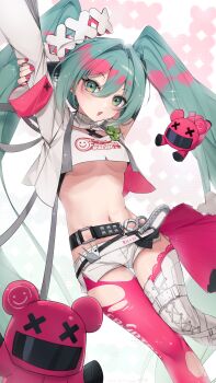 1girl absurdres aqua_eyes aqua_hair armband arms_up asymmetrical_legwear belt boots breasts cleavage_cutout clothing_cutout clover commentary dated feet_out_of_frame four-leaf_clover goodsmile_company hair_between_eyes hatsune_miku highres knees_together_feet_apart long_hair looking_at_viewer midriff mismatched_legwear navel open_mouth pink_armband pink_thighhighs racing_miku racing_miku_(2025) shorts signature solo stuffed_animal stuffed_toy tanoki233 thigh_boots thigh_gap thighhighs three-toned_background torn_clothes torn_thighhighs twintails underboob very_long_hair vocaloid white_boots white_shorts