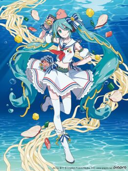 1girl aqua_eyes aqua_hair arm_tattoo boots bow caustics closed_mouth commentary_request copyright_notice cropped_shirt food hair_bow hand_on_own_hip hatsune_miku highres instant_cup_noodles instant_noodles iwato1712 leg_up long_hair looking_at_viewer neckerchief nissin nissin_cup_noodle nissin_cup_noodle_seafood number_tattoo official_art red_neckerchief sailor_collar sailor_shirt shirt solo squid striped_bow tattoo thighhighs twintails underwater very_long_hair vocaloid white_boots white_shirt white_thighhighs zettai_ryouiki