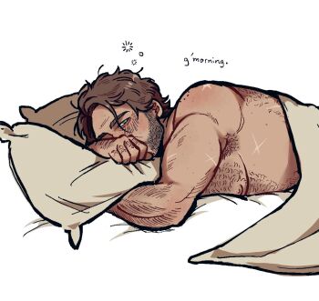 1boy arthur_morgan bara beard_stubble bed_sheet blanket brown_hair chest_hair facial_hair hairy hand_hair knuckle_hair large_pectorals looking_at_viewer lying male_focus mature_male muscular muscular_male naked_sheet okrckc on_bed on_stomach pectorals pillow pov_across_bed red_dead_redemption_(series) solo stubble thick_arm_hair thick_chest_hair thick_eyebrows under_covers upper_body