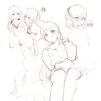 5girls :p braid character_request closed_eyes commentary_request fuzuki_fuuro glasses highres looking_at_another monochrome multiple_girls olive!_believe_"olive"? open_mouth ponytail profile sitting sketch smile sweater tongue tongue_out
