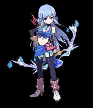 1girl arm_behind_back bare_shoulders belt_pouch black_background black_thighhighs blue_eyes blue_hair boots bow_(weapon) breasts brown_gloves cleavage closed_mouth collarbone detached_sleeves double_bun front-tie_top full_body garter_straps gloves hair_bun halterneck hand_on_own_hip holding holding_bow_(weapon) holding_weapon large_breasts leg_warmers long_hair looking_at_viewer merc_storia merc_storia_art_team navel official_art pouch quiver simple_background skirt smile solo standing stella_(merc_storia) tachi-e thighhighs v-shaped_eyebrows weapon white_boots