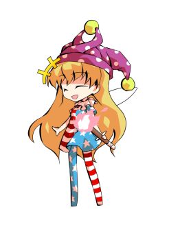 1girl american_flag american_flag_dress american_flag_legwear american_flag_print blonde_hair chibi chibi_only clownpiece commentary_request dairi fairy_wings flag_print full_body hat holding holding_torch jester_cap large_variant_set long_hair no_shoes pantyhose polka_dot_headwear purple_hat short_sleeves simple_background solo tachi-e torch touhou transparent_background variant_set wings