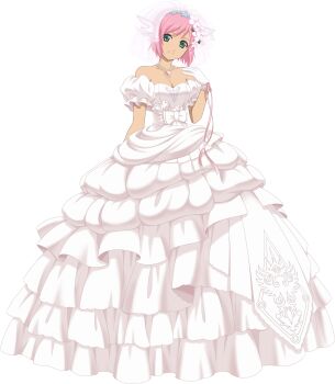 1girl artist_request bare_shoulders breasts bridal_veil cleavage closed_mouth collarbone dress estellise_sidos_heurassein estellise_sidos_heurassein_(wedding) flower full_body game_asset gem gloves green_eyes hair_flower hair_ornament hand_on_own_shoulder highres jewelry looking_at_viewer official_alternate_costume official_art pendant pink_dress pink_flower pink_gem pink_gloves pink_hair short_hair simple_background smile solo standing tales_of_(series) tales_of_asteria tales_of_vesperia third-party_source transparent_background veil wedding_dress white_dress white_gloves
