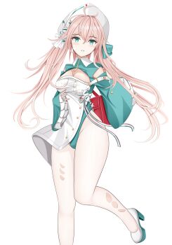 1girl absurdres ahoge azur_lane bandaid bandaid_on_face breasts cleavage commentary_request crossed_bangs dress genius_1237to green_eyes green_leotard green_shrug hair_between_eyes hat high_heels highres leotard long_hair looking_at_viewer medium_breasts pantyhose parted_lips pink_hair shoes shrug_(clothing) sleeves_past_fingers sleeves_past_wrists solo torn_clothes torn_pantyhose twintails ugolino_vivaldi_(azur_lane) white_background white_pantyhose white_shoes