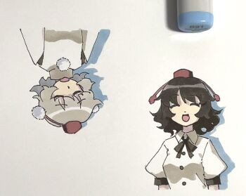 Rule 34 | 2girls, :d, ^ ^, art tools in frame, black ribbon, buttons, closed eyes, commentary request, cropped shoulders, detached sleeves, facing viewer, grey hair, hat, highres, inubashiri momiji, marker, marker (medium), multiple girls, neck ribbon, open mouth, pom pom (clothes), puffy short sleeves, puffy sleeves, red hat, ribbon, rotational symmetry, shameimaru aya, shiratama (hockey), shirt, short hair, short sleeves, smile, tokin hat, touhou, traditional media, white shirt