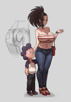 1boy 1girl age_difference ass ass_grab bag black_hair blue_pants boku_no_hero_academia breasts cleavage condom denim earrings elbow_carry full_body handbag height_difference hetero high_heels highres hoop_earrings jeans jewelry karmaniac large_breasts long_hair midriff mineta_minoru navel navel_piercing netorare off_shoulder onee-shota pants piercing ponytail purple_hair red_footwear shirt shoes short_sleeves simple_background standing stealth_ass_grab strapless tube_top watch wristwatch yaoyorozu_momo