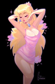 1girl adversarial_noise arms_up artist_name black_background blonde_hair blush breasts cleavage closed_eyes commentary contrapposto cresscin crown dress earrings english_commentary flower highres jewelry large_breasts long_hair mario_(series) narrow_waist nintendo parted_lips pendant_choker petals pink_dress pointed_crown pointy_ears princess_peach red_lips short_dress simple_background solo sparkle sphere_earrings thick_lips thick_thighs thighs twitter_username very_long_hair