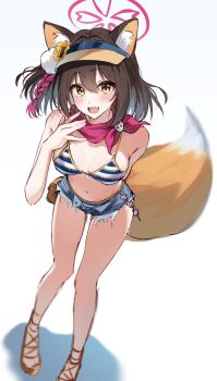 1girl animal_ears bikini blue_archive denim denim_shorts fox_ears fox_girl fox_tail full_body halo highres izuna_(blue_archive) izuna_(swimsuit)_(blue_archive) navel official_alternate_costume pink_halo pink_scarf scarf shorts solo striped_bikini striped_clothes swimsuit tail tokumee_74 visor_cap