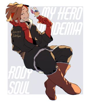 1boy absurdres animal animal_on_head azisaiharumaki56 bird bird_on_head black_jacket black_pants boku_no_hero_academia boots border brown_boots brown_hair character_name commentary_request copyright_name eyewear_on_head full_body gloves grin highres invisible_chair jacket looking_at_viewer male_focus on_head one_eye_closed pants red_gloves rody_soul short_hair sitting smile solo white_border