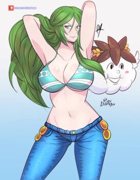 1girl 2022 arms_behind_head arms_up bikini bikini_top_only breasts brown_hair closed_mouth cosplay crossover denim gradient_background green_bikini green_eyes green_hair kid_icarus kid_icarus_uprising large_breasts nami_(one_piece) nami_(one_piece)_(cosplay) nami_(one_piece)_(return_to_sabaody) navel nintendo non-web_source palutena pit_(kid_icarus) raydango smile standing striped_bikini striped_clothes swimsuit underboob zeus_(one_piece)