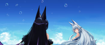 2girls absurdres air_bubble animal_ear_fluff animal_ears azur_lane bare_shoulders black_hair blue_kimono blue_sky breasts bubble closed_eyes cloud colored_inner_hair commentary english_commentary from_behind h0shiidesu highres japanese_clothes kimono large_breasts looking_at_another looking_back multicolored_hair multiple_girls musashi_(azur_lane) purple_hair shinano_(azur_lane) sky smile upper_body