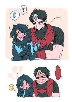 1girl batman_(series) black_bodysuit black_gloves black_hair blue_eyes bodysuit breasts brothers couple dc_comics dick_grayson genderswap genderswap_(mtf) gloves grey_bodysuit ihearsunspot jason_todd large_breasts lipstick_mark long_hair multicolored_bodysuit multicolored_hair muscular muscular_male nightwing open_clothes red_hood_(dc) red_hood_and_the_outlaws short_hair siblings simple_background superhero_costume taut_bodysuit two-tone_bodysuit