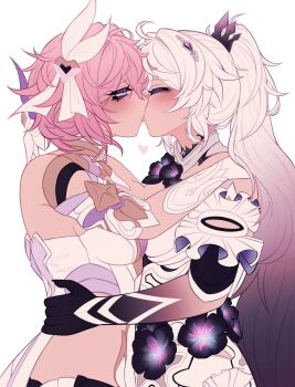 2girls ahoge breasts closed_eyes commentary commission corset dress elysia_(herrscher_of_human:_ego)_(honkai_impact) elysia_(honkai_impact) gloves gradient_hair hair_ornament high_ponytail highres honkai_(series) honkai_impact_3rd kiana_kaslana kiana_kaslana_(herrscher_of_finality) kiss large_breasts long_hair minxinq multicolored_hair multiple_girls pink_hair ponytail purple_eyes purple_hair purple_hands short_hair simple_background tiara two-tone_hair very_long_hair white_background white_corset white_dress white_gloves white_hair yuri