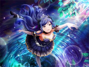 1girl ballerina ballet_slippers black_dress black_slippers breasts cleavage cosplay dress elbow_gloves floating_hair game_cg gloves kochou_shizuha looking_at_viewer medium_breasts odile_(swan_lake) odile_(swan_lake)_(cosplay) official_art outstretched_arms parted_lips purple_eyes purple_hair shoujo_kageki_revue_starlight shoujo_kageki_revue_starlight_-re_live- slippers solo standing standing_on_one_leg swan_lake tiara white_gloves