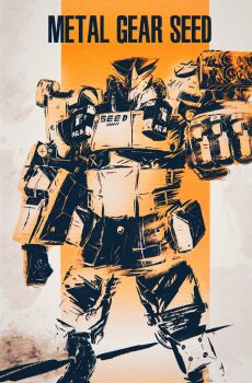 absurdres aiming aiming_at_viewer character_name clenched_hand commentary english_commentary frameture glowing glowing_eyes highres ink metal_gear_(series) parody robot seed_sr. title_parody zenless_zone_zero