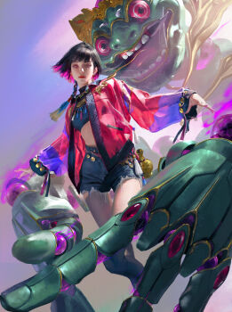 1girl black_hair blue_shirt blue_shorts braid breasts closed_mouth colored_inner_hair commentary cropped_shirt denim denim_shorts earrings english_commentary feet_out_of_frame hands_up highres jacket jewelry long_sleeves looking_at_viewer medium_hair midriff monster multicolored_hair necklace nose open_clothes open_jacket original pink_eyes purple_hair purple_jacket red_lips sangsoo_jeong see-through_clothes see-through_jacket shirt shorts single_braid small_breasts solo solo_focus tassel thigh_gap thighs triangle_earrings two-tone_hair