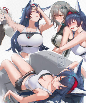 3girls absurdres animal_ear_fluff animal_ears antenna_hair arknights black_hair black_shorts blaze_(arknights) blue_eyes blush breasts cat_ears cat_girl chest_belt commentary_request grey_hair greythroat_(arknights) hair_spread_out hairband highres hug hug_from_behind infection_monitor_(arknights) jujutsu_kaisen large_breasts long_hair looking_at_viewer looking_up meme midriff multicolored_hair multiple_girls multiple_views naoya_hitting_choso_without_looking_(meme) navel one_eye_closed parody punching red_hair red_hairband short_shorts shorts simple_background tank_top translation_request two-tone_hair uof very_long_hair w_(arknights) white_background white_hair white_tank_top yuri