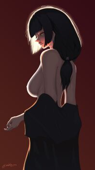 1girl backlighting black_hair breasts girls&#039;_frontline heterochromia highres large_breasts multicolored_hair nishibuya off_shoulder ro635_(girls&#039;_frontline) self-upload sideboob solo twintails
