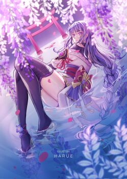 1girl artist_name asymmetrical_sleeves back_bow blunt_bangs bow braid bridal_gauntlets clothing_cutout commentary english_commentary flower full_body genshin_impact hair_ornament haruempathy highres japanese_clothes kimono knees_together_feet_apart knees_up lingerie long_braid looking_at_viewer looking_to_the_side lying off_shoulder on_side on_water outdoors parted_lips purple_eyes purple_hair purple_kimono purple_thighhighs raiden_shogun red_sash reflection reflective_liquid ripples sash shade shoulder_cutout single_braid solo thighhighs thighs underwear uneven_sleeves water wide_sleeves wisteria