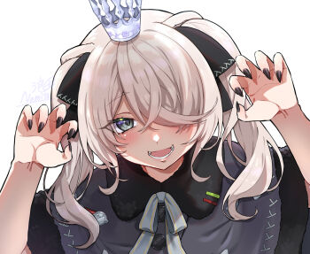 Rule 34 | 1girl, :d, animal ears, asymmetrical bangs, black bow, black capelet, black nails, blush, bow, buttons, capelet, claw pose, commentary request, crown, fangs, fingernails, fur-trimmed capelet, fur trim, grey eyes, grey hair, hair bow, hair over one eye, hands up, highres, hololive, lion ears, long bangs, long fingernails, long hair, looking at viewer, medium hair, minatasiro, nail polish, official alternate costume, official alternate hairstyle, open mouth, portrait, sharp fingernails, shishiro botan, shishiro botan (midnight convenience store), simple background, smile, solo, twintails, virtual youtuber, white background