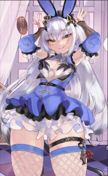 1girl absurdres animal_ears arms_up bare_shoulders blue_dress blush breasts cleavage_cutout clothing_cutout detached_sleeves dress fake_animal_ears fate/grand_order fate_(series) fishnet_thighhighs fishnets forked_eyebrows highres klash long_hair looking_at_viewer melusine_(fate) rabbit_ears short_dress sidelocks small_breasts smile solo speech_bubble thighhighs thighs translation_request white_hair yellow_eyes