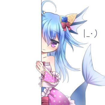 Rule 34 | 1girl, ahoge, bare shoulders, blue hair, detached sleeves, emil chronicle online, fins, frilled skirt, frilled sleeves, frilled tube top, frills, guillosno6, hair ornament, hair ribbon, head fins, hiding, long hair, lorelei lore, mermaid, monster girl, peeking out, pink skirt, pink tube top, purple eyes, red ribbon, ribbon, skirt, solo, strapless, tube top, white background