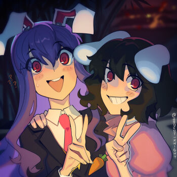Rule 34 | 2girls, ?, ??, animal ears, bamboo, black jacket, blazer, blush, boa (brianoa), carrot necklace, collared shirt, commentary, dress, english commentary, floppy ears, grin, hand on another's shoulder, highres, inaba tewi, jacket, jewelry, looking at viewer, multiple girls, necklace, necktie, open mouth, pendant, pink dress, pink necktie, purple hair, rabbit ears, rabbit girl, red eyes, reisen udongein inaba, shirt, smile, sweatdrop, teeth, touhou, twitter username, upper body, upper teeth only, v, white shirt