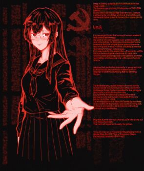 1girl absurdres artificial_intelligence bad_link black_hair breasts collarbone glasses hair_ornament hammer_and_sickle hearts_of_iron highres iaart1 long_hair medium_breasts necktie pleated_skirt reaching reaching_towards_viewer red_eyes red_star school_uniform serafuku skirt smile solo soource:file_provided_by_artist star_(symbol) star_hair_ornament the_fire_rises the_long_march_(tfr)