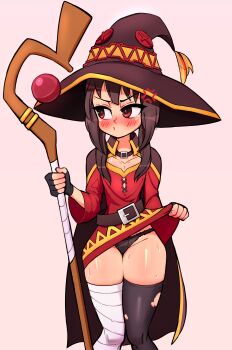 1girl absurdres annoyed bandaged_leg bandages black_panties black_thighhighs blush brown_hair clothes_lift dress dress_lift female_focus fingerless_gloves gloves hat highres holding holding_staff kono_subarashii_sekai_ni_shukufuku_wo! lifting_own_clothes loli long_hair megumin panties red_eyes rukisan solo staff standing sweat thick_thighs thighhighs thighs underwear witch_hat