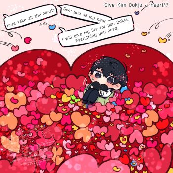 1boy black_eyes black_hair black_shirt box coat collared_shirt commentary curled_up double-parted_bangs english_commentary english_text full_body hair_between_eyes heart highres in_box in_container kim_dokja kimidori_22 like_and_retweet male_focus omniscient_reader&#039;s_viewpoint open_clothes open_coat popped_collar shirt short_hair solo standing too_many too_many_hearts white_coat