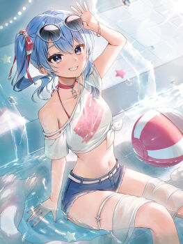 1girl absurdres adjusting_eyewear alternate_costume arm_up asymmetrical_sidelocks ball beachball belt bikini bikini_under_clothes blue_eyes blue_hair blue_shorts bracelet choker commentary_request denim denim_shorts double-parted_bangs earrings grin hair_between_eyes hair_ribbon halterneck highres hololive hoshimachi_suisei jewelry looking_at_viewer medium_hair midriff navel partial_commentary pink_choker ribbon runlan_0329 shirt shorts side_ponytail sidelocks single_off_shoulder sitting smile star_(symbol) star_earrings star_in_eye star_pendant sunglasses swimsuit symbol_in_eye t-shirt thigh_strap tied_shirt towel towel_on_legs virtual_youtuber water white_belt white_shirt