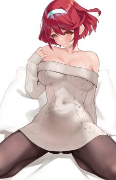 Rule 34 | 1girl, alternate costume, bare shoulders, black pantyhose, breasts, cleavage, commentary request, grey sweater, hairband, highres, looking at viewer, matrix16, medium breasts, off-shoulder sweater, off shoulder, orange eyes, pantyhose, pyra (xenoblade), red hair, ribbed sweater, short hair, solo, sweater, swept bangs, white hairband, xenoblade chronicles (series), xenoblade chronicles 2