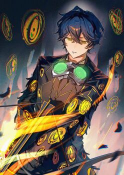 1boy absurdres black_coat black_pants black_vest blue_hair bow_(weapon) chromatic_aberration coat collared_shirt cowboy_shot crossbow crossed_bangs e.g.o_(project_moon) falling_feathers feathers goggles goggles_around_neck hair_between_eyes hashtag-only_commentary highres hohenheim_(project_moon) holding holding_crossbow holding_weapon lamp_(e.g.o) limbus_company long_sleeves looking_down male_focus messy_hair pants parted_lips project_moon shirt short_hair solo sontakumuyo vest weapon yellow_eyes