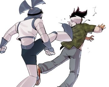 1boy 1girl back black_hair danny_fenton danny_phantom denim izzy_(izbubbles) jeans jenny_wakeman kicking multicolored_hair my_life_as_a_teenage_robot nickelodeon pants shirt t-shirt two-tone_hair white_background white_hair