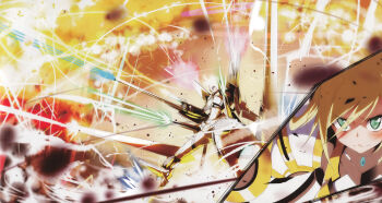 1girl absurdres battle beam blonde_hair bodysuit breasts close-up collarbone determined female_focus firing green_eyes gun hair_between_eyes highres jewelry kasuga_ayumu_(haruhipo) laser long_hair machinery medium_breasts necklace non-web_source novel_illustration official_art ore_twintail_ni_narimasu serious shindou_erina solo split_screen tailyellow weapon