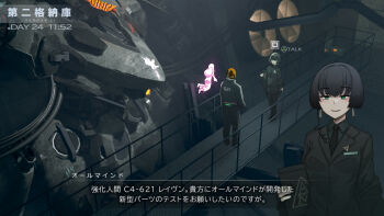 1boy 2girls 3d_background 621_(armored_core_vi) abubu allmind_(armored_core_vi) armored_core armored_core_vi:_fires_of_rubicon ayre_(armored_core_vi) black_hair bob_cut breasts catwalk_(walkway) check_translation commentary_request earpiece earrings fanny_pack folder formal_clothes green_eyes hangar highres holding holding_folder jacket jewelry long_hair looking_at_another mecha medium_breasts medium_hair mole mole_under_eye multiple_girls necktie pants pencil_skirt robot skirt suit translation_request user_interface