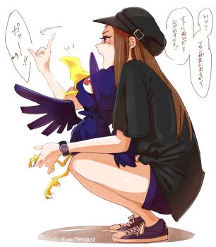 1girl black_shirt blush brown_hair commentary_request crossover gen_2_pokemon hat highres idolmaster idolmaster_cinderella_girls index_finger_raised koseki_reina long_hair murkrow nintendo open_mouth pokemon pokemon_(creature) pon_(ponymmtknsk) purple_eyes purple_shirt red_eyes shirt shoes simple_background sneakers speech_bubble squatting watch wristwatch