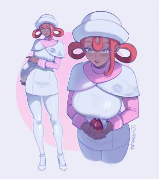 1girl dark-skinned_female dark_skin dress english_text full_body grey_eyes hair_rings hat highres joy_(pokemon) joy_(pokemon_legends:_z-a) long_sleeves nintendo nurse_cap nyantcha pantyhose pink_hair pink_shirt pokemon pokemon_legends:_z-a shirt shoes single_sidelock solo sweat sweatdrop textless_version turtleneck very_dark_skin white_dress white_pantyhose white_shoes