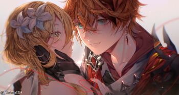 1boy 1girl absurdres armor artist_name bare_shoulders black_gloves blonde_hair blue_eyes cape collarbone collared_shirt commentary crossed_bangs crystal_earrings earrings flower genshin_impact gloves grey_jacket hair_between_eyes hair_flower hair_ornament hand_on_another&#039;s_face hand_on_another&#039;s_shoulder hands_up heart heikokuru1224 hetero highres jacket jewelry long_hair_between_eyes looking_at_another lumine_(genshin_impact) mask mask_on_head orange_hair red_cape red_mask red_shirt shirt short_hair shoulder_armor sidelocks simple_background single_earring smile sparkle symbol-only_commentary tartaglia_(genshin_impact) teeth thread upper_body white_background white_flower yellow_eyes