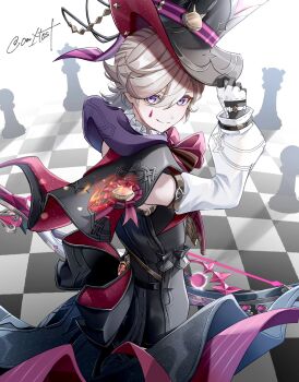 Rule 34 | 1boy, artist name, award ribbon, back bow, black bow, black capelet, black corset, black gloves, black hat, blonde hair, board game, bow, bow (weapon), bowtie, brown bow, brown bowtie, capelet, chess, chess piece, chessboard, closed mouth, commentary, corset, detached sleeves, facial mark, frilled shirt collar, frills, genshin impact, gloves, hair between eyes, hand on headwear, hat, hat tip, highres, holding, holding bow (weapon), holding weapon, kuromuru, long sleeves, looking at viewer, looking to the side, lyney (genshin impact), male focus, multicolored gloves, multicolored hair, parted bangs, purple eyes, red bow, red bowtie, red streaks, shirt, short hair, sleeveless, sleeveless shirt, smile, solo, standing, streaked hair, swept bangs, teardrop facial mark, the first great magic (genshin impact), top hat, twitter username, two-tone gloves, untranslatable commentary, vision (genshin impact), weapon, white gloves, white shirt, white sleeves