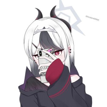 Rule 34 | 1girl, black hair, black hoodie, black horns, black nails, blue archive, cellphone, commentary request, demon horns, ear piercing, grey headband, hair ornament, hairclip, halo, headband, highres, holding, holding phone, hood, hood down, hoodie, horns, kayoko (blue archive), lenslans, long sleeves, looking at viewer, multicolored hair, phone, piercing, red eyes, simple background, smartphone, solo, twitter username, two-tone hair, white background, white hair