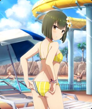 3girls adjusting_clothes adjusting_swimsuit arms_up ass ban_tsugumi beach_umbrella bikini blue_sky blunt_ends blush bob_cut bracelet brown_hair chair cloud cowboy_shot day dimples_of_venus dot_nose double-parted_bangs faceless faceless_female flower from_behind game_cg green_bikini green_hair hair_flower hair_ornament jewelry looking_at_viewer looking_back lounge_chair multiple_girls o-ring o-ring_bikini official_art outdoors palm_tree parted_lips partially_submerged pinstripe_bikini pinstripe_pattern poolside purple_bikini railing short_hair sky solo_focus striped_bikini striped_clothes sunlight swimsuit teeth third-party_source toji_no_miko toji_no_miko:_kizamishi_issen_no_tomoshibi tree umbrella underbutt vertical-striped_bikini vertical-striped_clothes water_slide waterpark white_flower yellow_bikini yellow_eyes