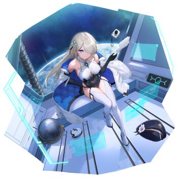 Rule 34 | 1girl, artist request, atmospheric layer, bare shoulders, black gloves, black hat, black leotard, blonde hair, blue eyes, blue jacket, book, breasts, camera, cleavage cutout, clothing cutout, covered collarbone, covered navel, elbow gloves, floating, floating book, floating object, flower, from above, full body, game cg, gloves, hair ornament, hair over one eye, hand on own hip, hat, hat flower, helmet, highres, holographic interface, jacket, large breasts, leotard, long hair, looking at viewer, multicolored jacket, non-web source, off shoulder, official alternate costume, official art, open book, peaked cap, planet, poker fate, quilted jacket, science fiction, shiraishi irina, shiraishi irina (oath), shoes, sideboob, sitting, skindentation, smile, solo, space, space helmet, thighhighs, transparent background, unworn hat, unworn headwear, white jacket, white shoes, white thighhighs