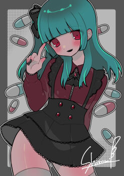 1girl 463_e absurdres artist_name black_bow black_nails black_skirt blue_hair blunt_bangs blush bow brooch commentary_request cowboy_shot falling_pills gem hair_bow hand_up highres index_finger_raised jewelry jirai_kei lace lace-trimmed_skirt lace-trimmed_sleeves lace_trim long_hair long_sleeves looking_at_viewer one_side_up open_mouth original pill red_eyes red_gemstone red_shirt sharp_teeth shirt sidelocks skindentation skirt solo suspender_skirt suspenders teeth thighhighs thighs white_thighhighs zipper