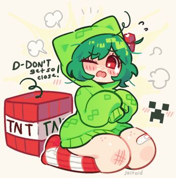 Rule 34 | 1girl, artist name, bandaid, bandaid on knee, bandaid on leg, blush, creeper, english text, freckles, full body, green hair, green hoodie, hair ornament, hood, hood up, hoodie, jaltoid, long sleeves, looking at viewer, minecraft, one eye closed, open mouth, personification, puff of air, red eyes, seiza, short hair, simple background, sitting, sleeves past fingers, sleeves past wrists, socks, solo, striped clothes, striped socks, talking, thighs, tnt, tnt block (minecraft)