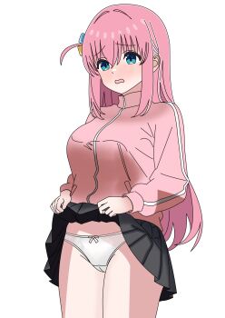 1girl blue_eyes blush bocchi_the_rock! breasts clothes_lift cube_hair_ornament gotoh_hitori guitar_case hair_between_eyes hair_ornament highres instrument_case jacket long_hair long_sleeves one_side_up open_mouth panties pink_hair pink_jacket pink_track_suit reisenzero side_ahoge simple_background skirt skirt_lift solo thighs track_jacket track_suit underwear white_background