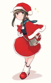 Rule 34 | 1girl, absurdres, alternate costume, ankle socks, black shirt, black socks, blue neckerchief, blush stickers, boots, bow, box, brown hair, capelet, christmas, commentary request, fubuki (kancolle), full body, fur-trimmed boots, fur-trimmed headwear, fur trim, gift, gift box, green eyes, green sailor collar, hair between eyes, hat, highres, holding, holding gift, kantai collection, looking at viewer, low ponytail, ma rukan, medium hair, mittens, neckerchief, pleated skirt, ponytail, red boots, red bow, red capelet, red hat, red mittens, red ribbon, red skirt, ribbon, sailor collar, santa costume, santa hat, shirt, sidelocks, simple background, skirt, smile, socks, solo, sparkle, standing, white background