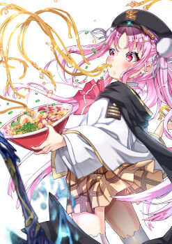 Rule 34 | 1girl, absurdres, ascot, black cape, black hat, blush, bowl, brown skirt, bun cover, cape, chopsticks, commentary request, cowboy shot, double bun, dual wielding, eating, egg, floating hair, food, food in mouth, glint, hair bun, hair ribbon, hat, heaven burns red, highres, holding, holding bowl, holding chopsticks, kunimi tama, long hair, long sleeves, looking at food, miniskirt, noodles, peaked cap, pink eyes, pink hair, plaid clothes, plaid skirt, pleated skirt, ramen, red ascot, ribbon, shirt, simple background, skirt, solo, thighhighs, v-shaped eyebrows, very long hair, white background, white ribbon, white shirt, white thighhighs, wide sleeves, yoyoyo., zettai ryouiki